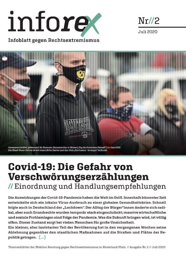 Titelbild einer Broschüre. Menschen mit Alltagsmasken und Neonazi Kleidung
