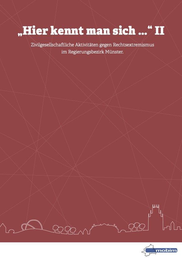 Titelbild einer Broschüre. Dunkelroter Hintergrund, Gezeichnet